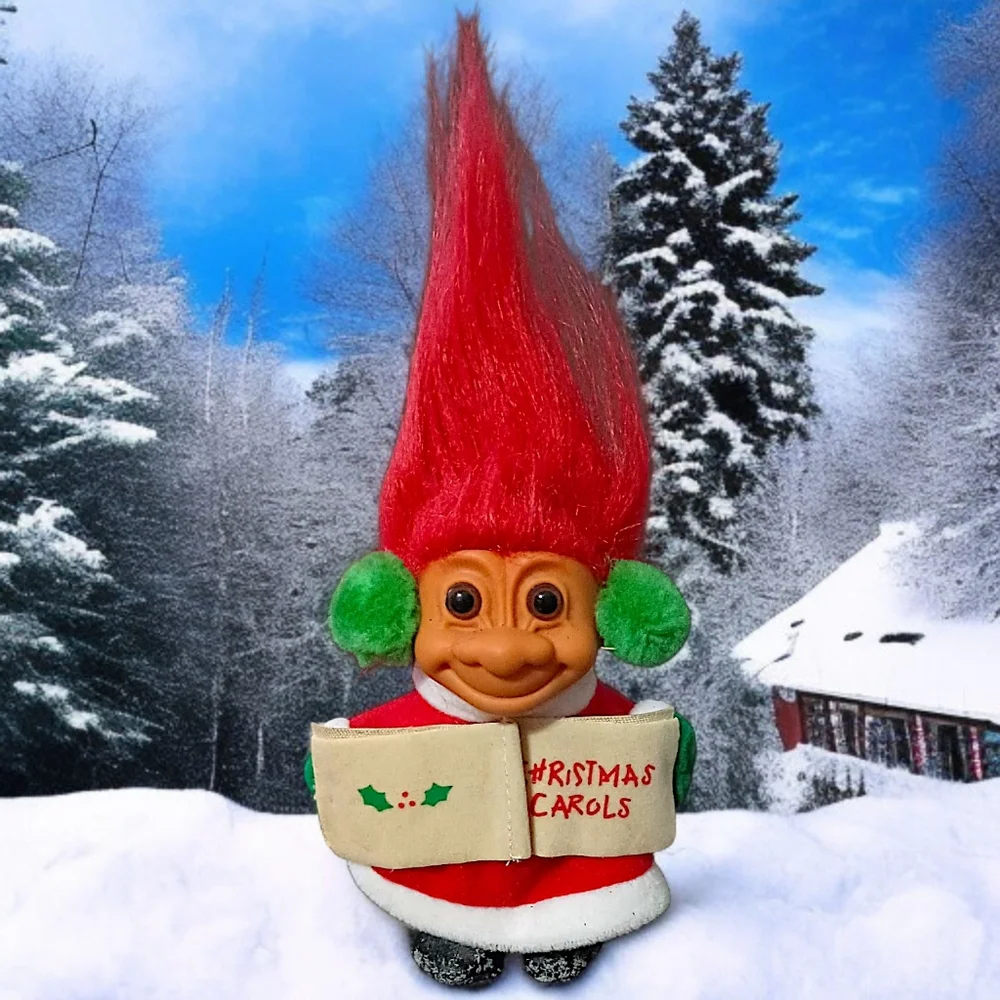 Vintage Russ Christmas Caroler‎ Troll Doll Red Hair 90s Ear Muffs Holiday Xmas